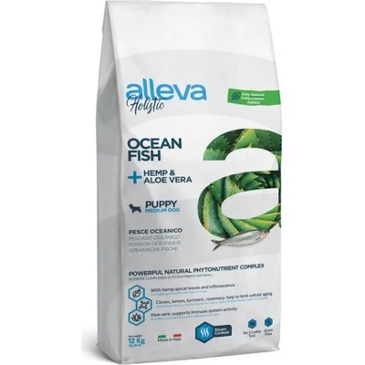 Alleva® holistic (puppy medium) ocean fish + hemp & aloe vera - пълноценна храна за млади кученца от средни породи, както и за бременни и кърмещи кучета, Италия - 12 кг 2387