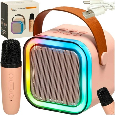 Karaoke set Bluetooth reproduktor mikrofón USB LED ružová biela