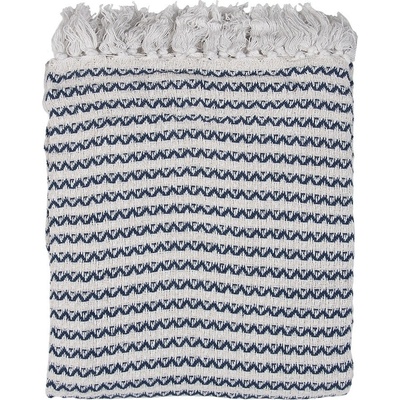 Clayre & Eef Béžový bavlnený pléd so modrým vzorom a strapcami 125x150