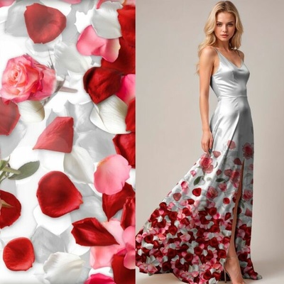 Satén B0288 bílý, červené okvětní lístky růží, š.140