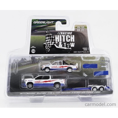 Greenlight Chevrolet Silverado 1500 Pick up 2023 With Trailer + S 10 Pick up Baja 1989 Bílá Červená Modrá 1:64