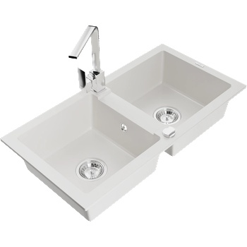 Mexen Mario гранитна кухненска мивка с 2 корита и кухненски смесител Rita, бял - 6504-20-670300-00 (6504-20-670300-00)