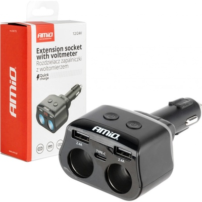 Dvojitá prodlužovací zásuvka 2xUSB 1xUSB C 12/24V max 200W AMIO-04173, , ,