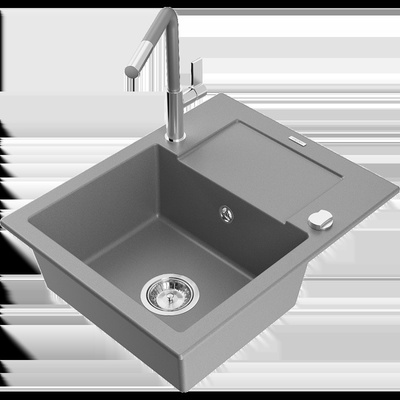 Enzo еднокоморна гранитна мивка с отцедник и кухненски смесител Flora, сив - 6506-71-670401-06 (6506-71-670401-06)