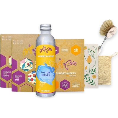 BajaBee Home Eco Set | Voskovaný pytlík XL 1 ks + Voskované ubrousky 4 ks + Prací papírky na 48 praní + Parfém na praní 250 ml + Domácí pomocníci 3 ks