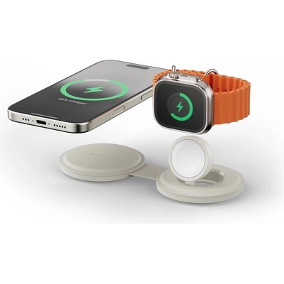 Satechi OntheGo 2-in-1 Qi2 Magnetic Wireless Charging Pad 15W - двойна поставка (пад) за безжично зареждане за iPhone с Magsafe и Apple Watch (бежов)