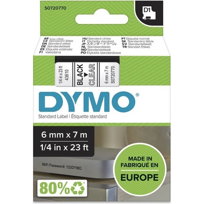 DYMO páska D1 6mm x 7m, černá na průhledné, 43610, S0720770
