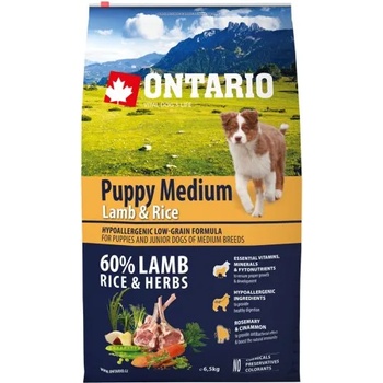 ONTARIO Puppy Medium Lamb & Rice - пълноценна храна за подрастващи кученца от средни породи (1-12 месеца) с агне и ориз 6, 5 кг, Чехия 214-10297