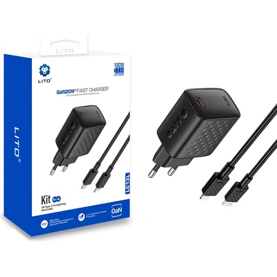 LITO Зарядно - Lito - (LC13L) - с включен Lightning кабел, Type-C, PD20W, GaN, PC Fireproof, EU Plug - Черен