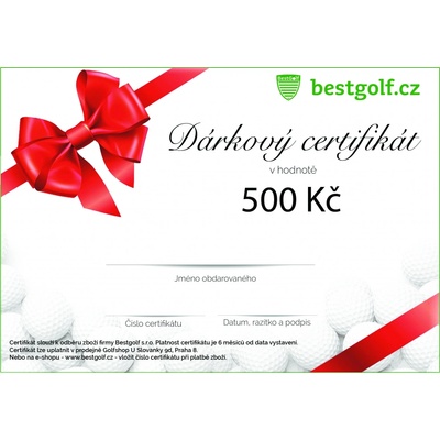 Bestgolf Dárkový certifikát pro golfistu v hodnotě 500 Kč Design certifikátu: S červenou mašlí