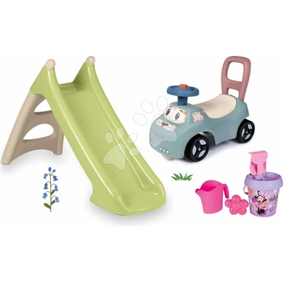 Smoby Set šmykľavka s vodnou hrou a vedro set Minnie XS Slide Green Life dĺžka šmyku 90 cm a odrážadlo s chodítkom s klaksónom