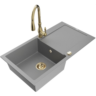 Mexen Leo гранитна кухненска мивка 1-коморна с отцедник и кухненски смесител Savita, сива - 6501-71-672601-50 (6501-71-672601-50)