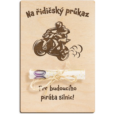 Dřevěná dárková karta na peníze - Na řidičský průkaz motorka