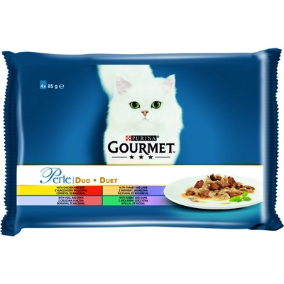 Nestle Gourmet Perle DUO kapsičky pre mačky kura a hovädzie, morka a jahňacie, teľacie a kačica, králik a divina 4×85 g