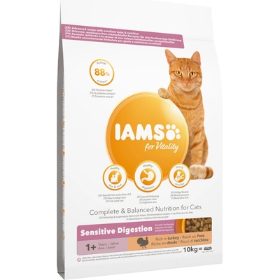 Iams 10% намаление! 10 кг IAMS for Vitality суха храна за котки на специална цена! - Sensitive Digestion Adult & Senior с пуешко