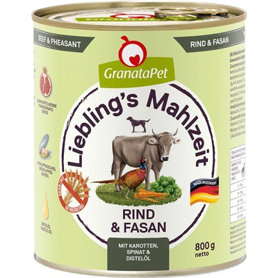 GranataPet Lieblings Mahlzeit hovädzie a bažant s mrkvou, špenátom a požltovým olejom 12 x 800 g