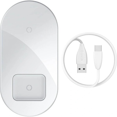 Baseus Simple 2in1 Wireless Charger (WXJK-02) - двойна поставка (пад) с Fast Charge технология за безжично зареждане за Qi съвместими устройства и Apple Airpods (бял)