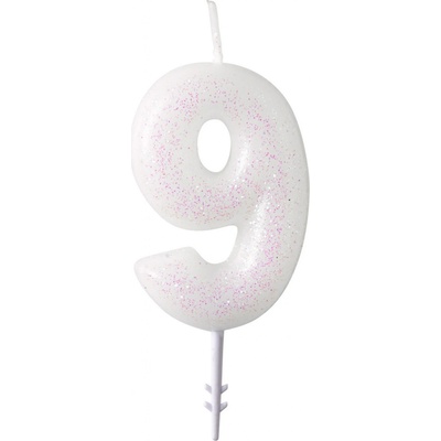 Narozeninová svíčka bílá se třpytkami "číslo 9", 4,5 cm