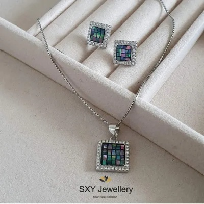 SXY Jewellery Дамски сребърен комплект с Кралски седеф "Квадрат" | ss0893
