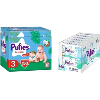 pufies Пелени гащи Pufies Fashion - Midi, размер 3, 150 броя, 6-11 kg, Multipack + мокри кърпички, 12 х 64 броя (70000090+54000197)