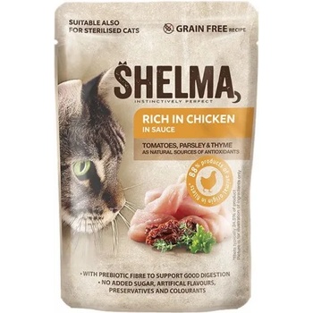 Partner in Pet Food SHELMA Adult Pouch GRAIN FREE - пауч за котки, БЕЗ ЗЪРНО, 88% продукти от животински произход, пиле с домати, магданоз и мащерка в сос - 85 гр - 40670