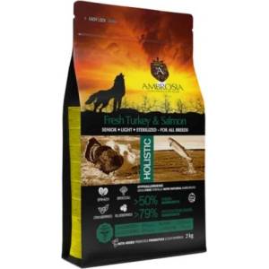 AMBROSIA HOLISTIC All breeds adult sterilized, senior, light - Fresh Turkey Salmon - холистична храна за кучета от всички породи, кастрирани или възрастни, с прясна пуйка и сьомга - 12 кг, Франция