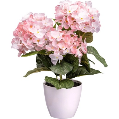 Umělá květina Hortenzie růžová v bílém květináči, 32cm