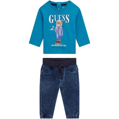 Комплект синя блуза с мече и деним панталон за бебе момче Guess