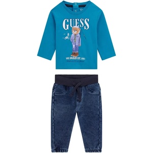 Guess Комплект синя блуза с мече и деним панталон за бебе момче Guess