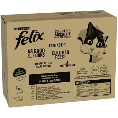 Felix Fantastic s hovězím kuřetem tuňákem a treskou v želé 80 x 85 g – Zboží Dáma