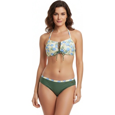 Бански в бледожълто и тъмнозелено с рози - чашка В