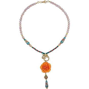 Dannyra Колие с естествена роза, мъниста клоазоне, перли и кристали Swarovski Orange Dream Dannyra Jewels