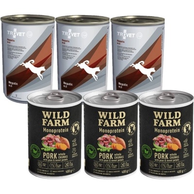 Trovet Dog Hepatic HLD 3 x 400 g & Wild Farm Monoproteínové bravčové mäso 3 x 400 g