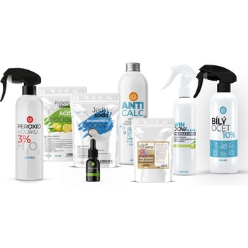Nanolab NA KVARTÝR eko úklid kys. citrón. 1 kg + jedlá soda 1 kg + ocet 0,5 l + peroxid vodíku 0,5 l + Windows clean 0,5 l + Marseill. mýdlo 100 g + ANTICalc 300 g + LeFleur esenc. olej 10 ml Zelené j