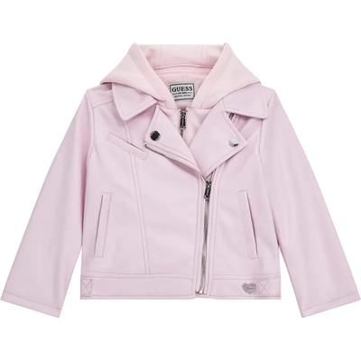 GUESS Кожено яке за мини момиче в бледо розов цвят с двойно закопчаване и качулка Guess