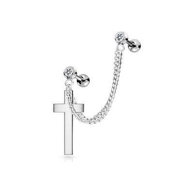 Šperky4U Cartilage piercing do ucha s řetízkem křížek CP1067-ST