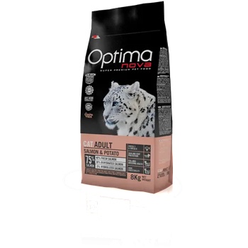 Visán Optima nova cat adult salmon & potato (сьомга и картофи) 75% месо grain free, Хипоалергична, Суперпремуим храна за СРЕДНО АКТИВНИ котки от всички породи 8 кг