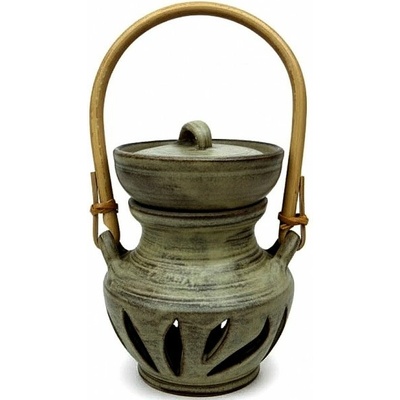 Keramikaportal Velká aroma lampa s ratanovým uchem zelená patina 20 cm