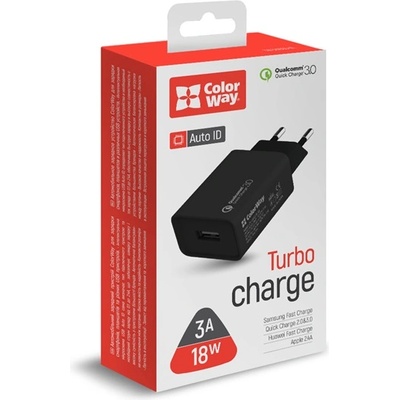 ColorWay USB заряден адаптер, 1USB Quick Charge 3.0 (18W), черен (CW-CHS013Q-BK) (CW-CHS013Q-BK)