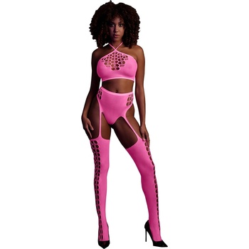 Ouch! Glow in the Dark Two Piece with Grecian Halter Neck Crop Top and Garter Belt Neon Pink XL-4XL