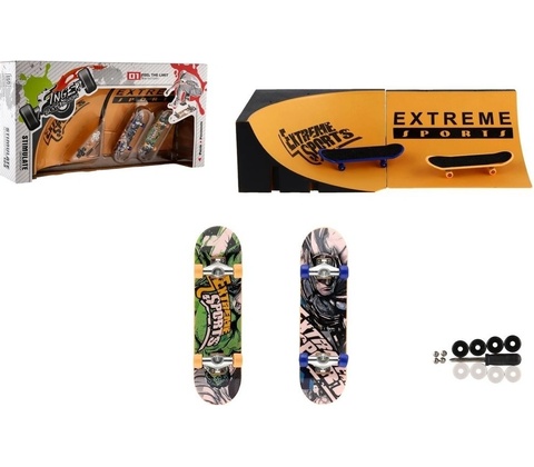 Skateboard prstový šroubovací 2ks plast 10cm s rampou s doplňky 2 barvy v krabičce 35x9x18cm