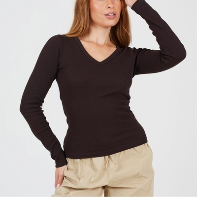 Brave Soul Дамска фланелка с дълъг ръкав Brave Soul BS Womens Long Sleeve V-Neck Ribbed Top - Chocolate