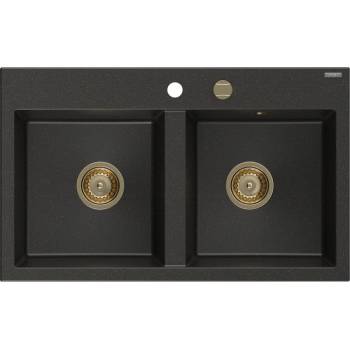 Mexen Hektor гранитна мивка с 2 камери 800 x 480 mm, черно/златист металик, златен (6521802000-75-G)