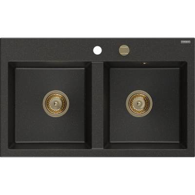 Mexen Hektor гранитна мивка с 2 камери 800 x 480 mm, черно/златист металик, златен (6521802000-75-G)