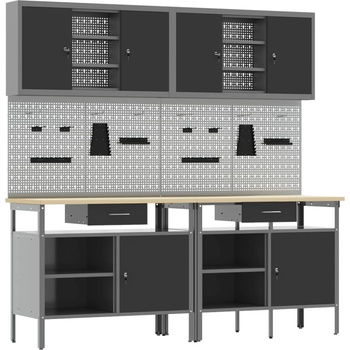 vidaXL Комплект работна маса с чекмедже с рафт 8 pcs Червен и сив (3321496)