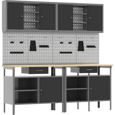 vidaXL Комплект работна маса с чекмедже с рафт 8 pcs Червен и сив (3321496)