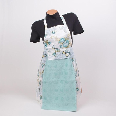 Готварска престилка в бяло с цветя, пеперуди и кърпа