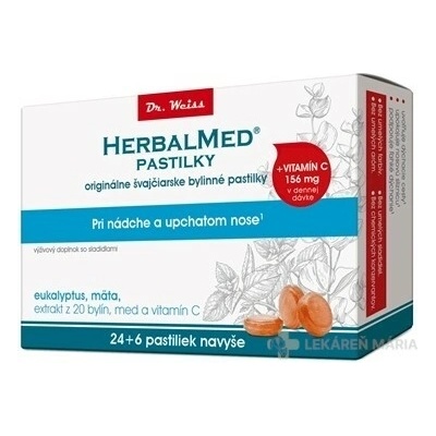 HERBALMED PASTILKY Dr.Weiss eukalyptus, mäta, 20 bylín, vit.C pastilky 24+6