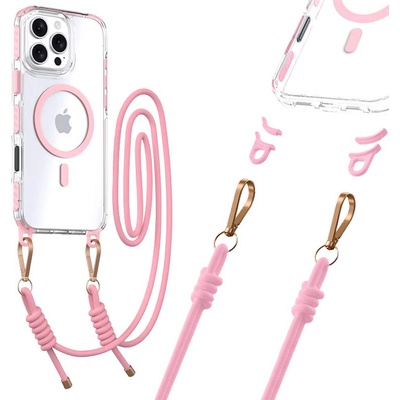 Tel Protect Хибриден удароустойчив кейс с MagSafe и връзка за носене през врата за iPhone 16 Pro - Tel Protect Stap Clear Magnetic Case MagSafe (розов-прозрачен)