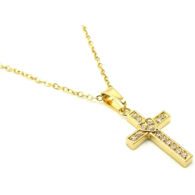 Steel Jewelry Dámský Náhrdelník křížek a srdce s kamínky - jemný gold NH250188